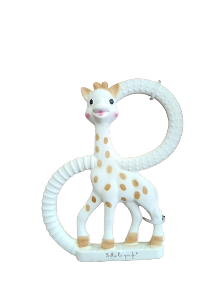 Mordedor de la jirafa Sophie , fabricado con caucho natural y pintado con colorantes alimenticios. Libre de tóxicos.